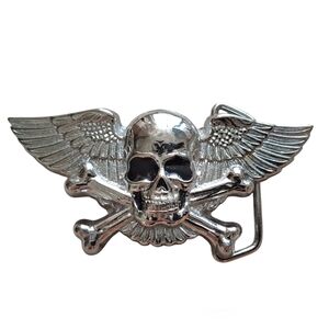 WINGED SKULL & BONES CROSSBONES BIKER SOLID BRASS BELT BUCKLE 1979 BARON BUCKLES